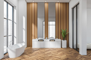 Naklejka na ściany i meble Light bathroom interior with double sink and tub near panoramic window