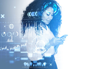 Black businesswoman with phone in hands, data storage. Copy space