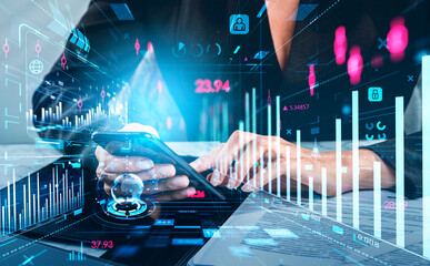 Businesswoman using smartphone, forex diagrams and financial analysis