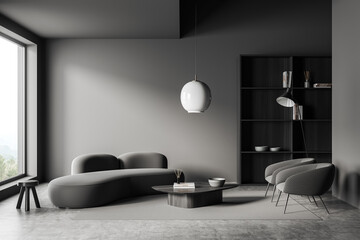 Grey chill room interior with couch and two chairs, shelf and window, mockup