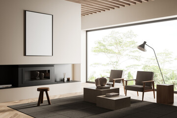 Relax room interior with chairs near window, fireplace and mockup frame