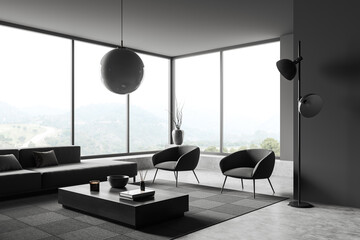 Grey living room interior with two armchairs and couch, panoramic window