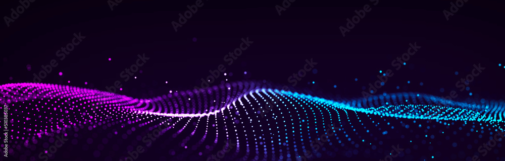 Poster dynamic sound wave of particles. music futuristic flow. abstract technology background. 3d rendering
