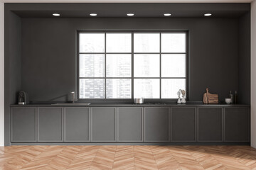 Dark cooking interior with shelves and appliances, panoramic window