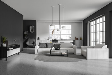 Modern studio interior with couch and kitchen appliances, panoramic window