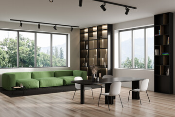 Living room interior with table and seats, couch and shelf, panoramic window