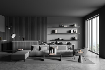 Grey kitchen interior with couch and eating area, panoramic window