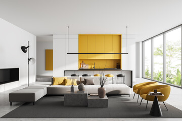 Light kitchen interior with couch and countertop with bar chairs, panoramic window