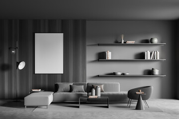 Lounge zone interior with couch, seats and shelf with decoration. Mockup frame