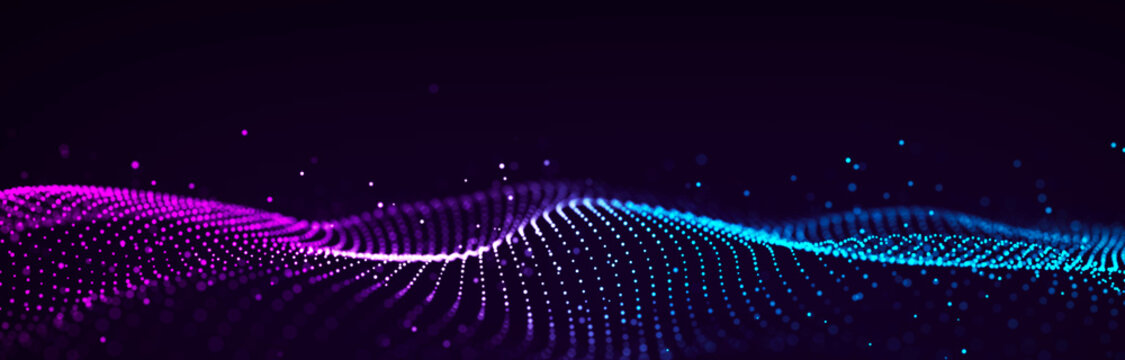 Dynamic sound wave of particles. Music futuristic flow. Abstract technology background. 3D rendering.