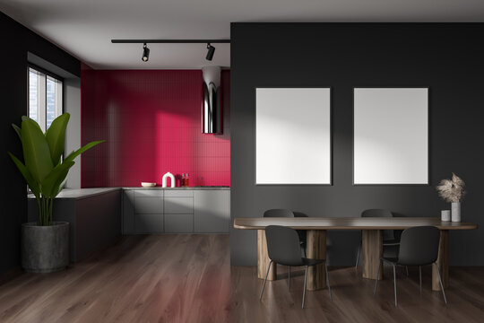 Grey kitchen interior with seats and eating table, mockup frames