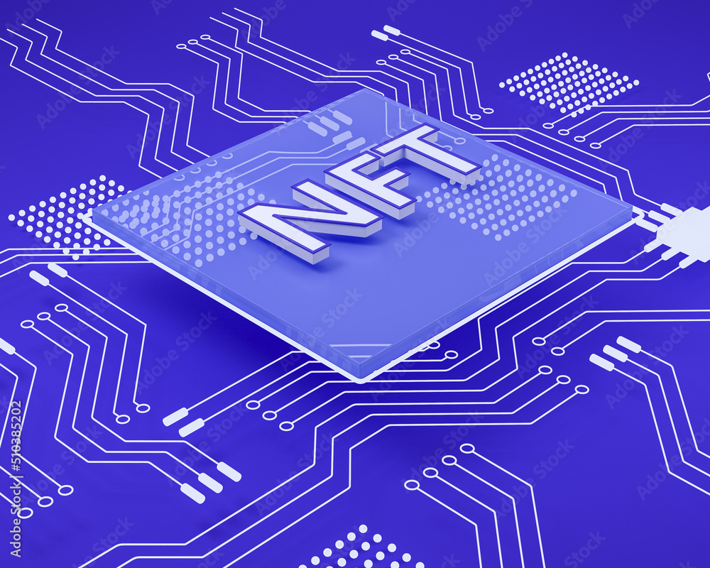 Poster nft, mining and microchip with circuit, purple background