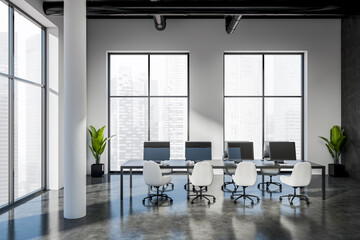 Office interior with pc computer, desk and panoramic window on city view