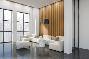 Fototapeta na wymiar Light living room interior with sofa and coffee table, panoramic window