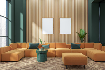 Relax interior with couch, coffee table, panoramic window, mockup frames