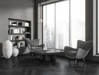 Living room interior with two chairs, shelf with decoration and panoramic window