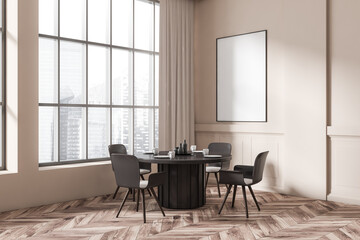 Light dining room interior with seats and table, panoramic window and mockup poster