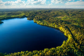 Aerial view of blue lakes and green forests on a sunny summer day in Karelia