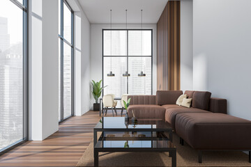 Naklejka na ściany i meble Light living room interior with couch and seats, panoramic window
