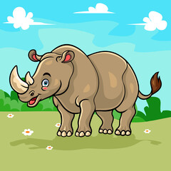 cartoon cute rhino isolated in a beautiful garden scene