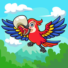 Printcartoon macaw bird flying above the clouds.
