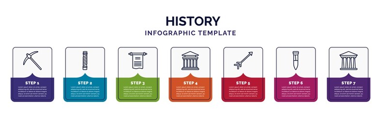 infographic template with icons and 7 options or steps. infographic for history concept. included pick, pillars, paper, greek, arrow, tool, pantheon icons.