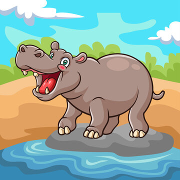 Cartoon cute hippopotamus playing on the river