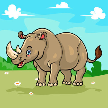 cartoon cute rhino isolated in a beautiful garden scene