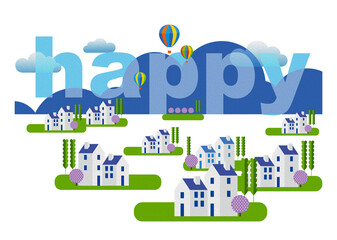 Obraz premium 油彩風のエンボス。英文。楽しい街並みと暮らしの風景。人々が明るく暮らせる建物と街づくり。