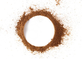 Milled nutmeg powder frame isolated on white, top view 