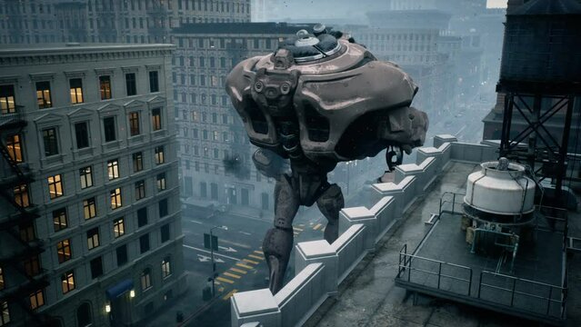 A giant robot walks through a smoke-filled modern city Apocalyptic atmosphere of alien robot invasion. The concept of invasion. Animation perfect for apocalyptic, technological and sci-fi backgrounds.