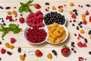Closeup of fresh berry, currants, blueberry, raspberry on a stone background. vitamin mixed.