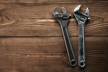 Set of tools over a wood panel. Collection of vintage tools.