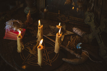 Concept of esoteric, incantation, future predict and paganism, power of wicca, rite on a altar