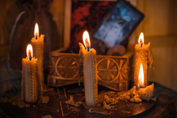 Concept of esoteric, incantation, future predict and paganism, power of wicca, rite on a altar