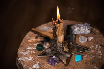 Concept of esoteric, incantation, future predict and paganism, power of wicca, rite on a altar