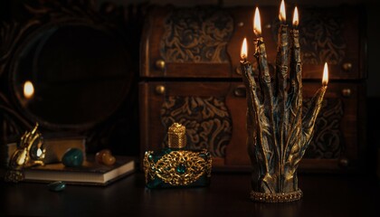 Concept of esoteric, incantation, future predict and paganism, power of wicca, rite on a altar