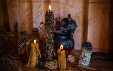 Concept of esoteric, incantation, future predict and paganism, power of wicca, rite on a altar