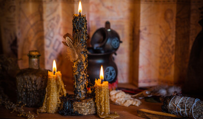 Concept of esoteric, incantation, future predict and paganism, power of wicca, rite on a altar