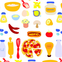 Ingredients food vector pattern. Pizza, hot dog, mayonnaise, milk, eggs, muffin, whisk mustard. Cookbook design.