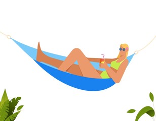 Girl in bikini laying in hammock, relaxing, drinking lemonade. Flat vector illustration isolated on white background