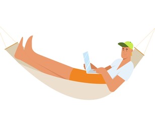 Man laying in hammock, working on laptop, remote work concept. Flat vector illustration isolated on white background