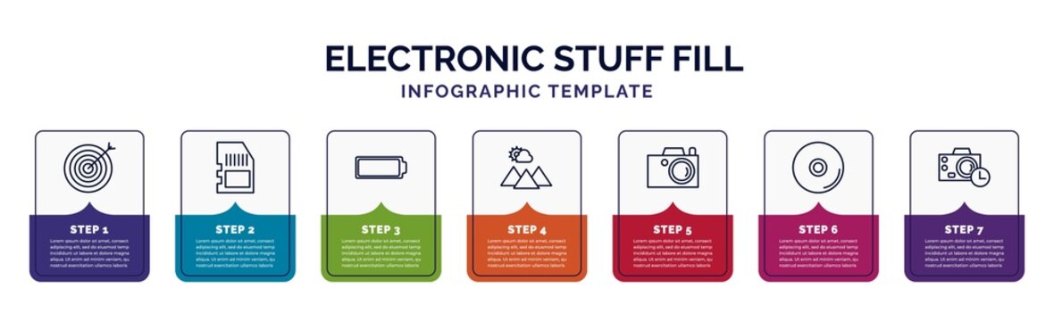 infographic template with icons and 7 options or steps. infographic for electronic stuff fill concept. included objective, memory card, empty battery, scenic, photograph, compact disc, camera timer