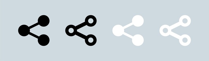Share icons set in black and white colors. Connect, data sharing, link symbol, network share, share icon button set.