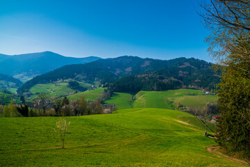 Germany, Schwarzwald tourism region, houses in valley surrounded by tree covered mountains in springtime on sunny day, panorama view