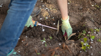 Planting a dahlia tuber in a spring flower garden. Working with plants in the garden. Gardening with flower tubers. Good roots of a dahlia plant. Hands of a gardener woman in a garden in gloves.