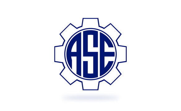 ASE three letter industrial logo with gear icon logo design vector template. mechanical logo | servicing logo | engineering logo | initial letter logo | flat logo | minimalist logo | wordmark logo |