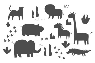 Africa animals silhouettes, isolated on white background vector illustration. Africa animals contour. Africa mammals big vector set. Hippo, elephant, giraffe, lion icon EPS