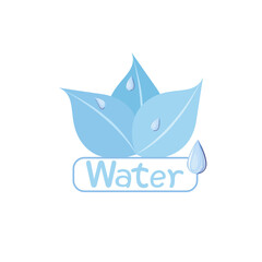 Tag for water, cosmetic products. Blue stikers label and logo with water drops and leaves. Label for water and cosmetics. Vector illustration for design.
