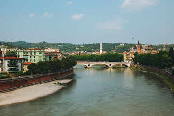 Panoramic cityscape view of Verona old town and Adige river.